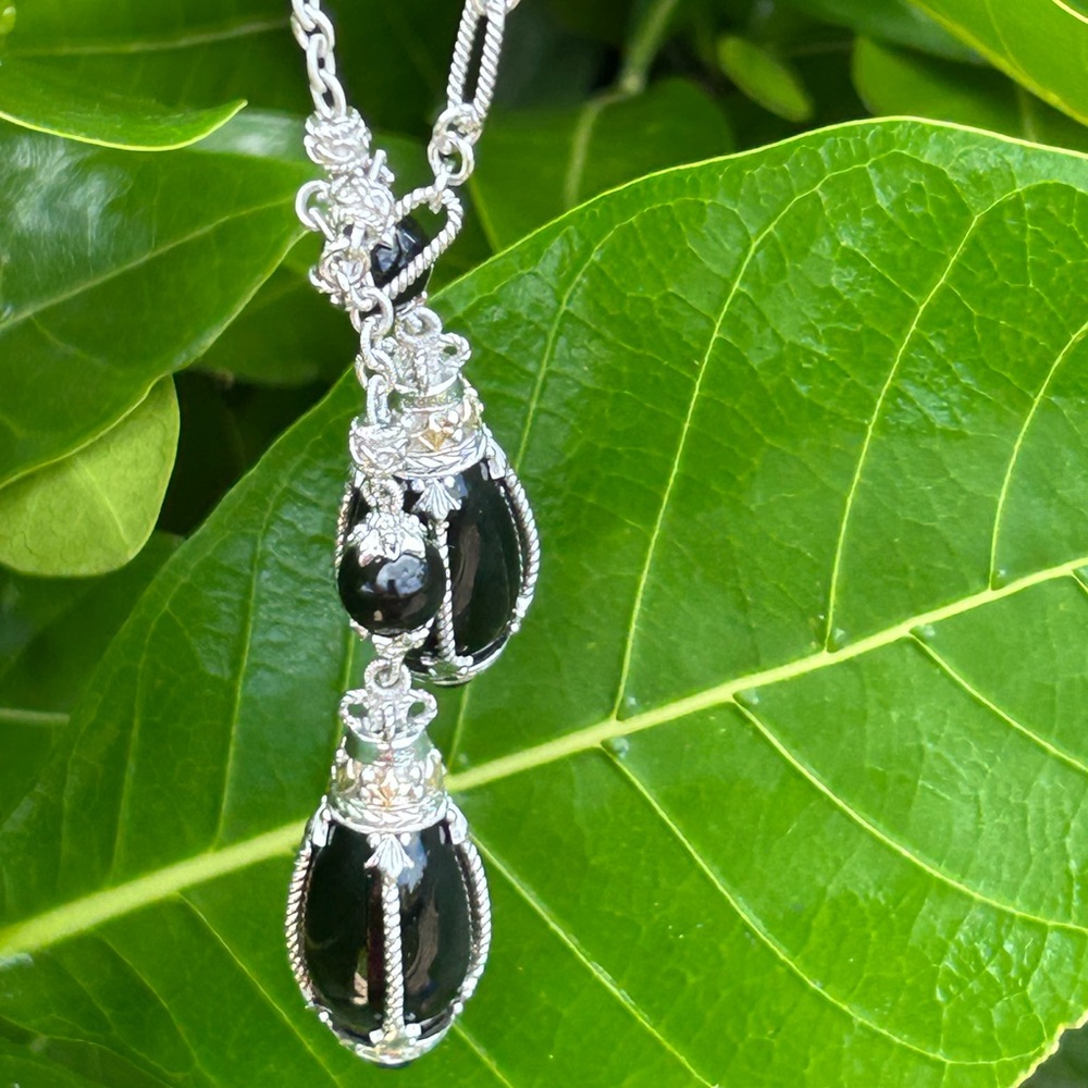 Gabriel & Co Sterling silver 925 & 18k Yellow Gold Onyx Drop chain tie necklace
